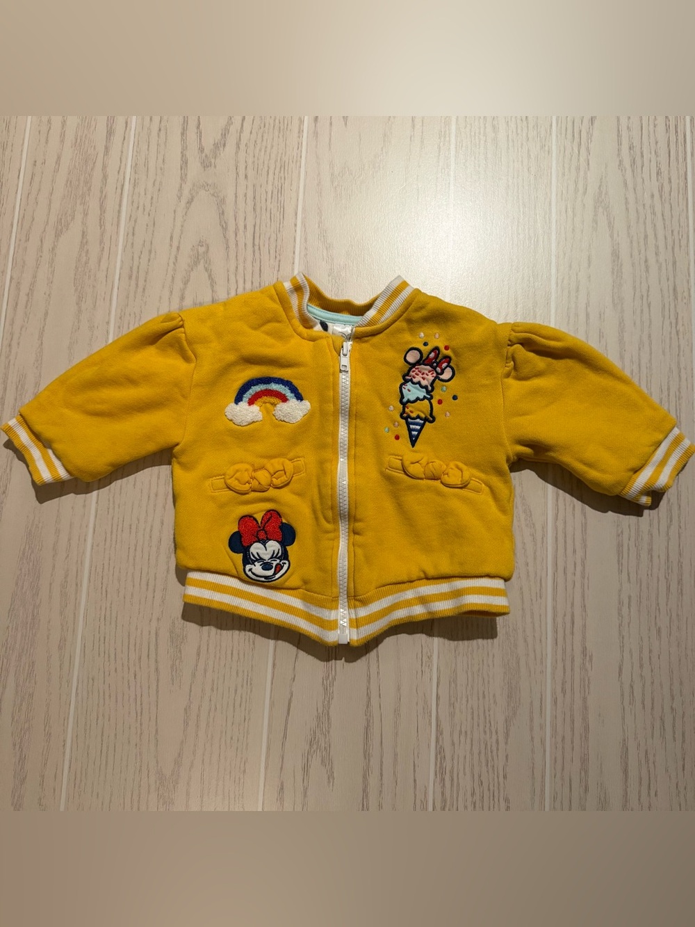 Disney Baby Minnie Mouse Yellow Varsity Jacket 12-18M Embroidered Zip Up
